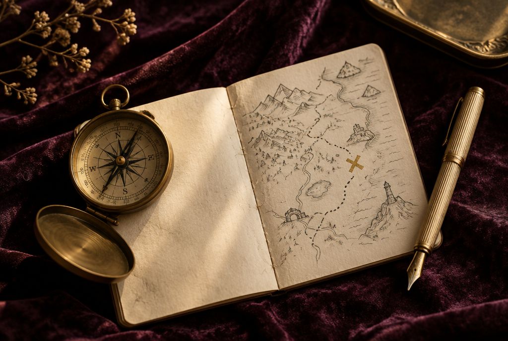 A brass compass, a hand-drawn route map and a gold pen on aubergine velvet