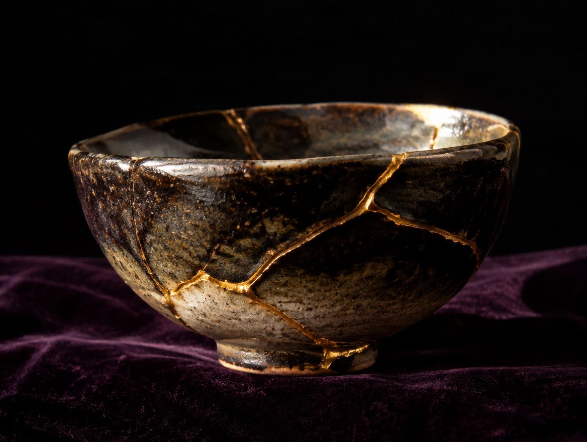 A kintsugi bowl whose cracks are repaired with gold seams