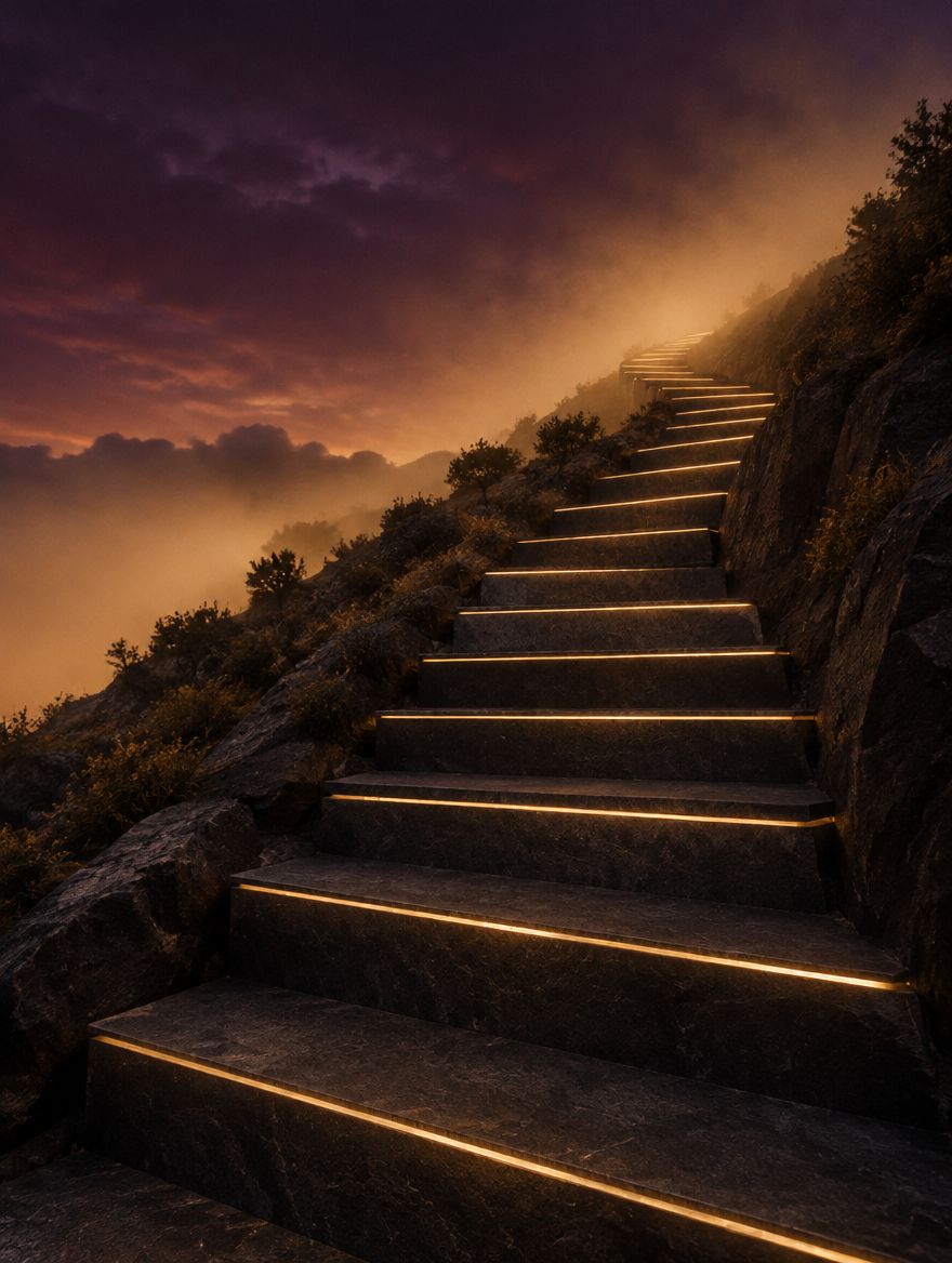 Stone steps edged with gold light rising toward a glowing horizon